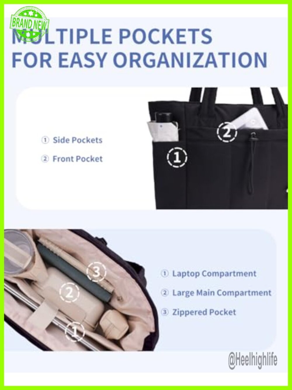 Puffer Tote Bag with Cup Holder, Laptop Compartment & Trolley Sleeve for Travel - Picture 6 of 7
